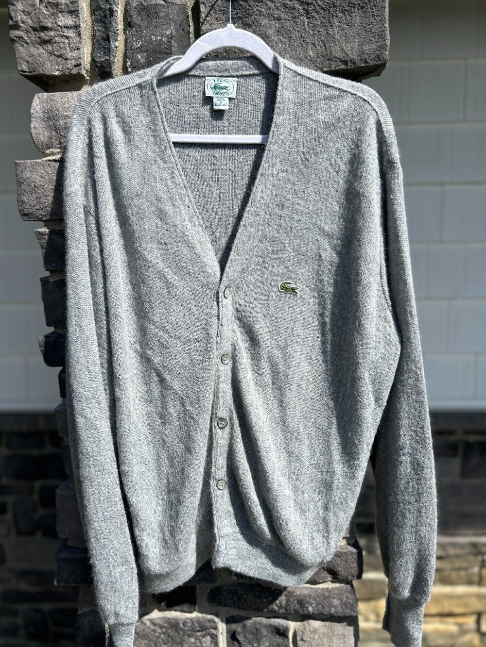 Vintage 80s Izod Lacoste Logo Knit Cardigan Sweater heather grey